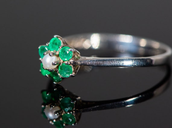 925 Sterling Silver Pearl & Natural Emerald Ring,… - image 2