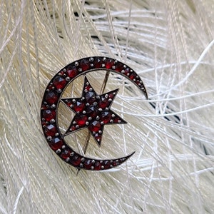 Antique Sterling Silver Czechoslovakian Garnet Brooch, Dutch Rose Cut Bohemian Garnet, Crescent Moon & Star Rolled Gold Pin image 9