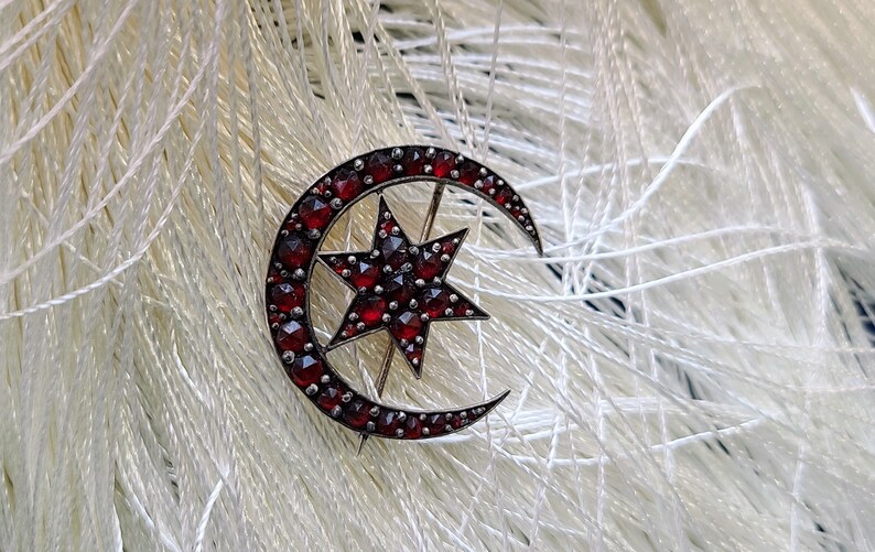 Antique Sterling Silver Czechoslovakian Garnet Brooch, Dutch Rose Cut Bohemian Garnet, Crescent Moon & Star Rolled Gold Pin image 9