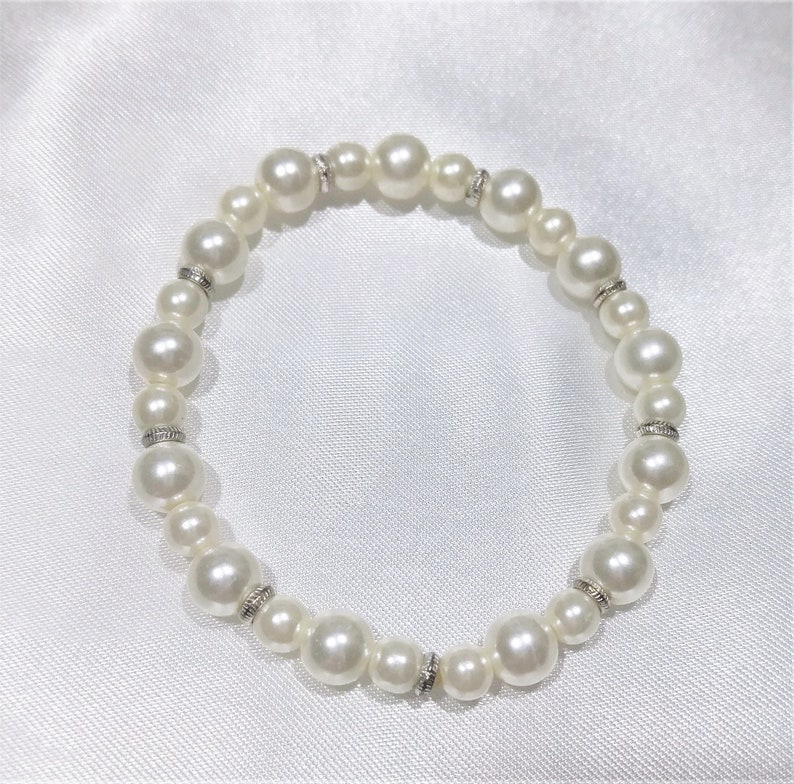 Stretchable Pearl Bracelet faux Pearls with silver beads Beaded bracelet Flower girl birthday gift for her Bridesmaid gift Stacking bracelet image 2