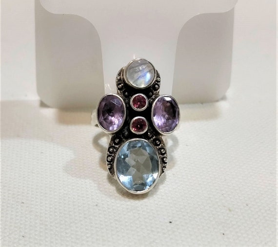 Sterling Silver Multi Gemstone Statement Ring, Na… - image 1