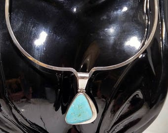 925 Silver Turquoise Choker Necklace Turquoise Pendant Triangle Gemstone Cabochon Sterling Collar