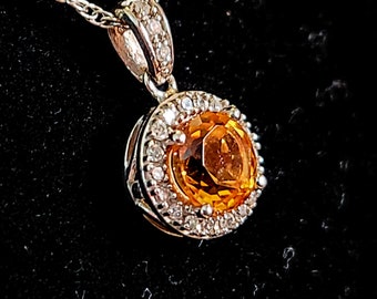 Sterling Silver Natural Golden Orange Citrine Halo Necklace with 20 Simulated Diamond CZ