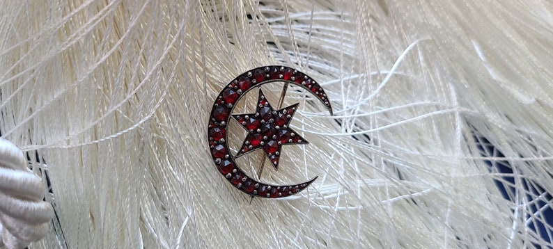 Antique Sterling Silver Czechoslovakian Garnet Brooch, Dutch Rose Cut Bohemian Garnet, Crescent Moon & Star Rolled Gold Pin image 1