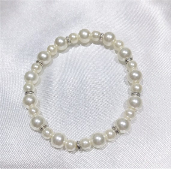 Stretchable Pearl Bracelet faux Pearls with silve… - image 1