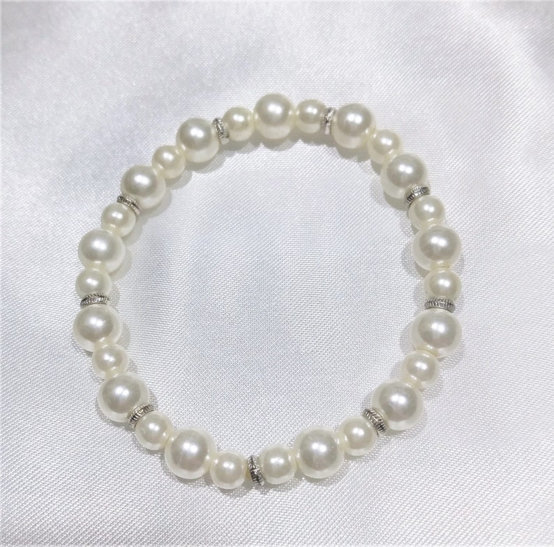 Stretchable Pearl Bracelet faux Pearls with silver beads Beaded bracelet Flower girl birthday gift for her Bridesmaid gift Stacking bracelet image 1