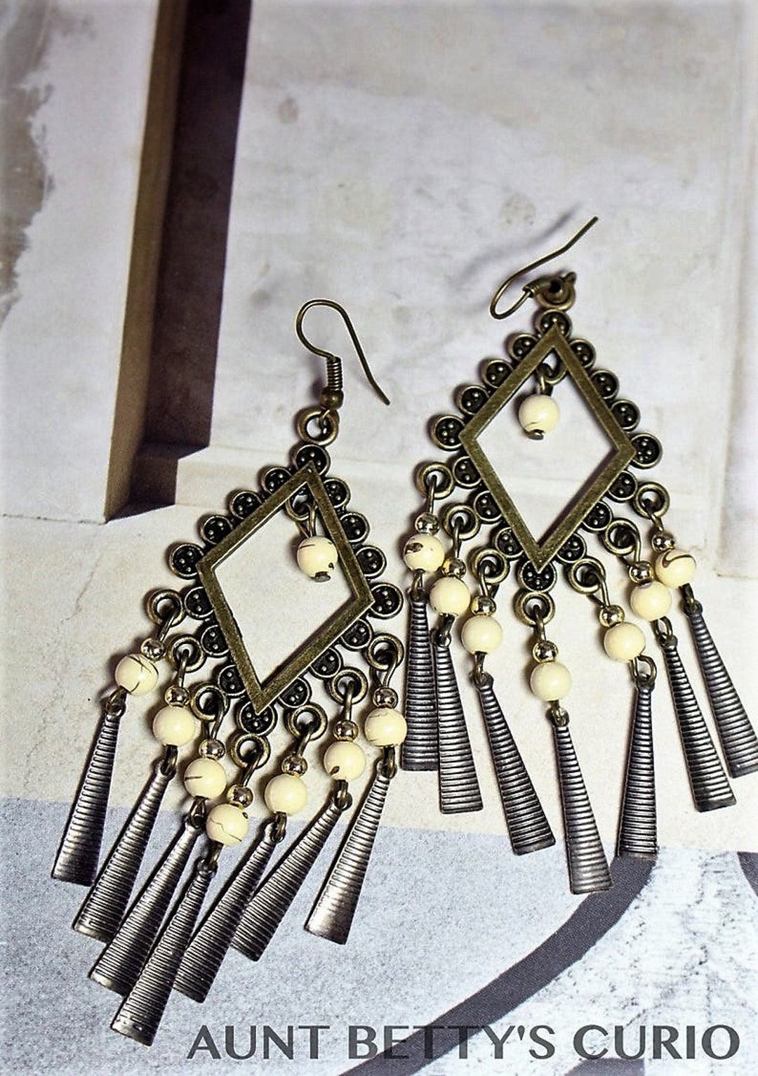 Vintage Bead Earrings, Dangle Earrings, Drop Earrings, Brass, Silver Tone Chandelier Earrings