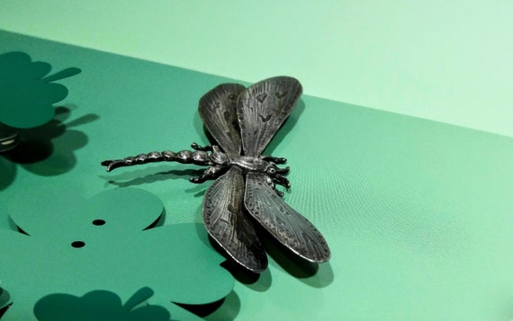 Large Solid Sterling Silver Dragonfly Brooch, Vin… - image 3