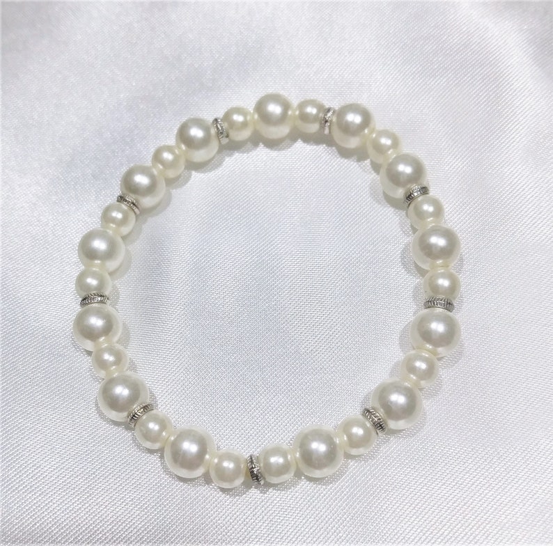Stretchable Pearl Bracelet faux Pearls with silver beads Beaded bracelet Flower girl birthday gift for her Bridesmaid gift Stacking bracelet image 4