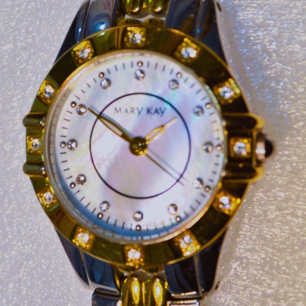 Vintage MARY KAY Cosmetics Women's Quartz Wrist Watch w/ Stainless Steel Wrist Band, 1990s Rhinestone Ladies Watch Gifts