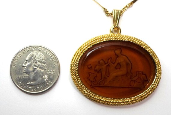 Carnelian Glass Reverse Intaglio Gold Pendant, Re… - image 7