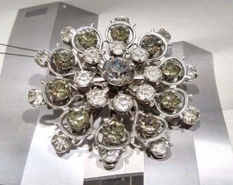 Vintage Beau Jewels Green & White Flower Brooch Silver Floral Jewelry Mid Century Rhinestone Pin