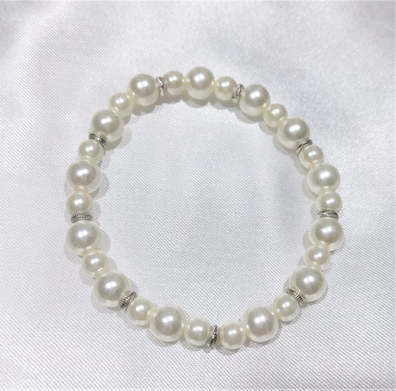 Stretchable Pearl Bracelet faux Pearls with silve… - image 5