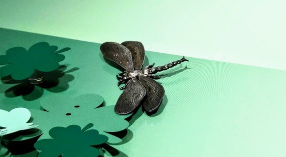 Large Solid Sterling Silver Dragonfly Brooch, Vin… - image 4