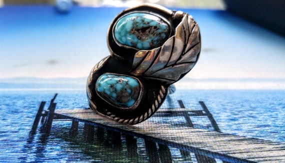 Vintage Navajo Raw Stone Turquoise Ring Sterling … - image 1