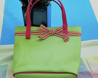 Vintage Fluorescent Green and Pink 1970s Purse, Clinique Orange Cosmetic Bag & Mirror, 3 Piece Handbag Top Handle