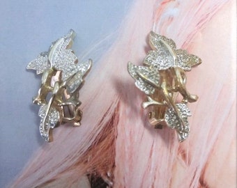 Eco Friendly Vintage Organic Two tone Leaf Earrings Designer Gold & Silver Clip ons Textured Natural Jewelry