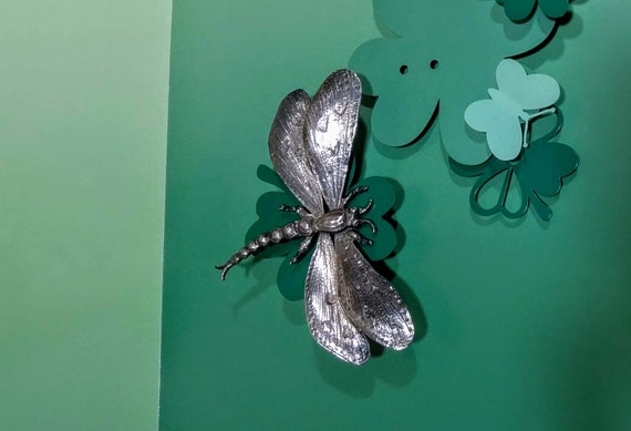 Large Solid Sterling Silver Dragonfly Brooch, Vin… - image 7