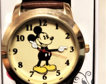 Vintage Disney Mickey Mouse Watch, New Accutine Gold Wrist Watch w/ Brown Leather Band, Original Box Disney Tin
