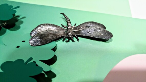 Large Solid Sterling Silver Dragonfly Brooch, Vin… - image 2