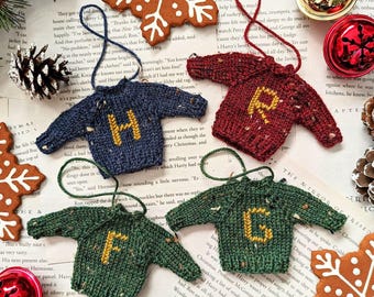 Mrs. Weasley Tiny Knitted Christmas Sweater. Harry, Ron, Fred and George! Mini Wizard Tree Ornament. Nerd Home Decor