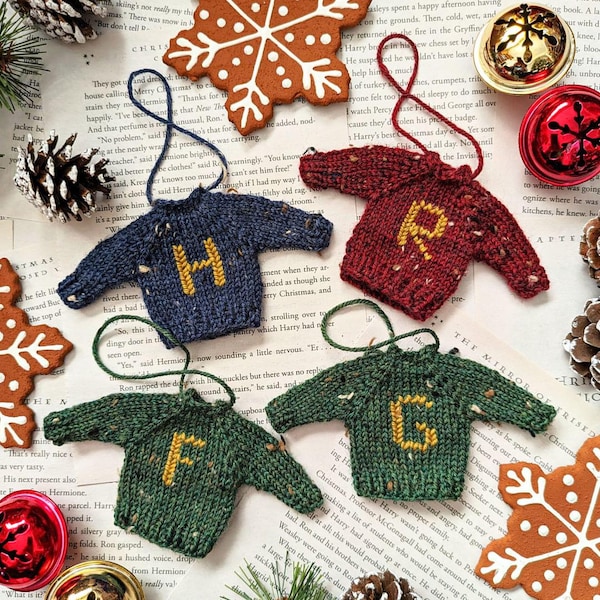Mrs. Weasley Tiny Knitted Christmas Sweater. Harry, Ron, Fred and George! Mini Wizard Tree Ornament. Nerd Home Decor