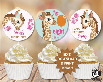 Adornos de jirafa para cupcakes de cumpleaños: Decoraciones editables para fiestas (descarga digital)