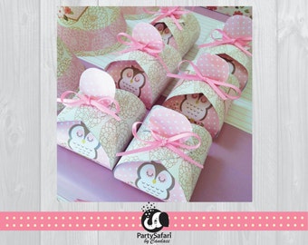 May include: Pink and brown favor boxes with owl designs and pink polka dot accents. The boxes are tied with pink ribbon and have a floral pattern. The boxes are labeled "Party Safari by Candace".