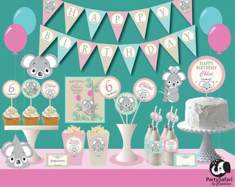 Koala Bear Girl Birthday Party Package: Printable Decor (Personalized)