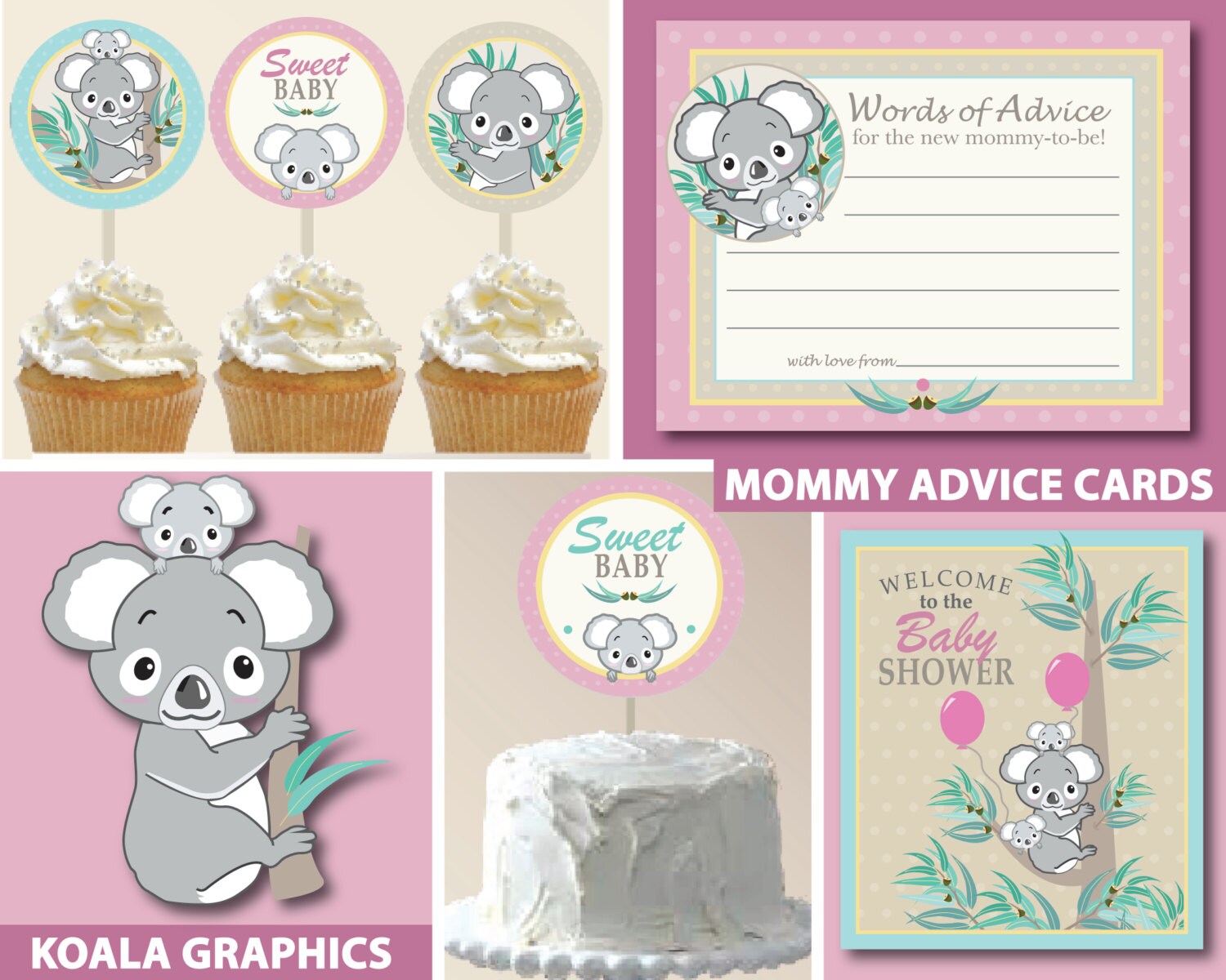 Koala Bear Girl Baby Shower Printable Package Koala Girl Baby Shower