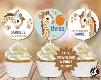 Adornos para cupcakes de jirafa para cumpleaños: Decoraciones editables para fiestas (imprimibles)