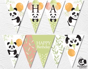 Op de afbeelding: Een groene, roze en witte banner met pandaberen en ballonnen met de tekst "Happy Birthday".