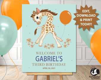Welkomstbord verjaardag giraf: bewerkbare feestdecoratie (digitale download)