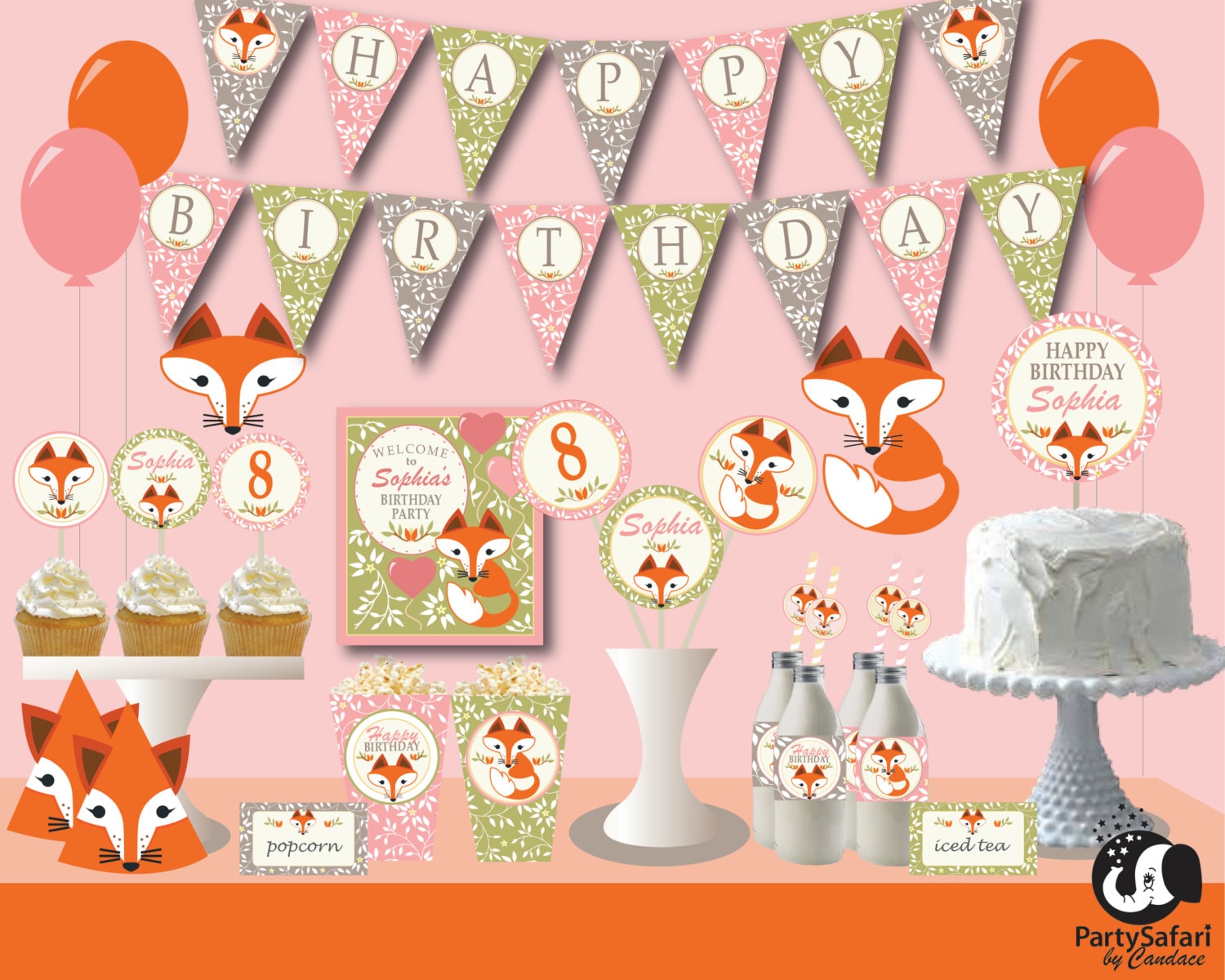 Woodland Red Fox Girl Personalized Printable Birthday Party Package Fox ...