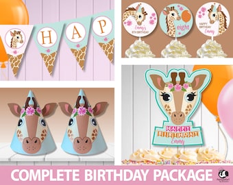 Giraffe Girl Birthday Party Package: Editable Decorations (Printable)
