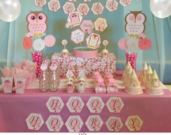 May include: A pink and brown owl themed birthday party table setting with a banner that reads "Happy Birthday" and "Hoot Hooray". There are cupcakes, party hats, and other decorations on the table.