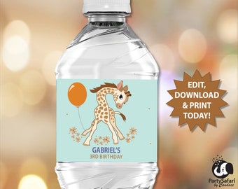 Giraffe BOY EDITABLE BIRTHDAY Water Bottle Wrappers // Giraffe Party Decorations // Printable GBB7