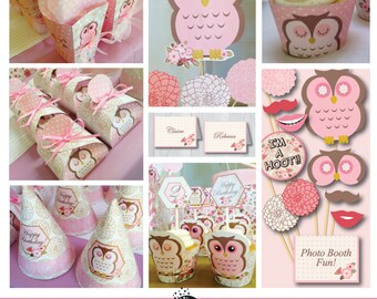 May include: A set of owl-themed party decorations, including cupcake toppers, favor boxes, party hats, photo booth props, and a sign that says "I'm a Hoot!" The decorations are pink, brown, and white with floral accents.