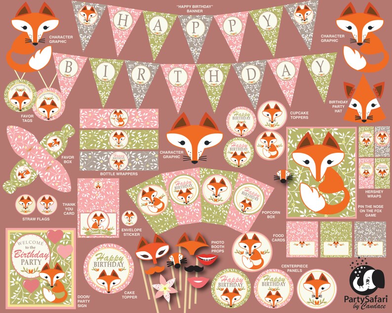 Woodland Red Fox Girl Printable Birthday Party Package Fox - Etsy