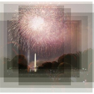 May include: A fireworks display over a city skyline with a white monument in the center.