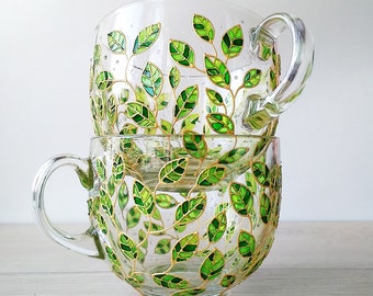 Tropical glass mugs set of 2 cups, hand-painted green leaves mugs, gardening tea cup set, nature lover mugs