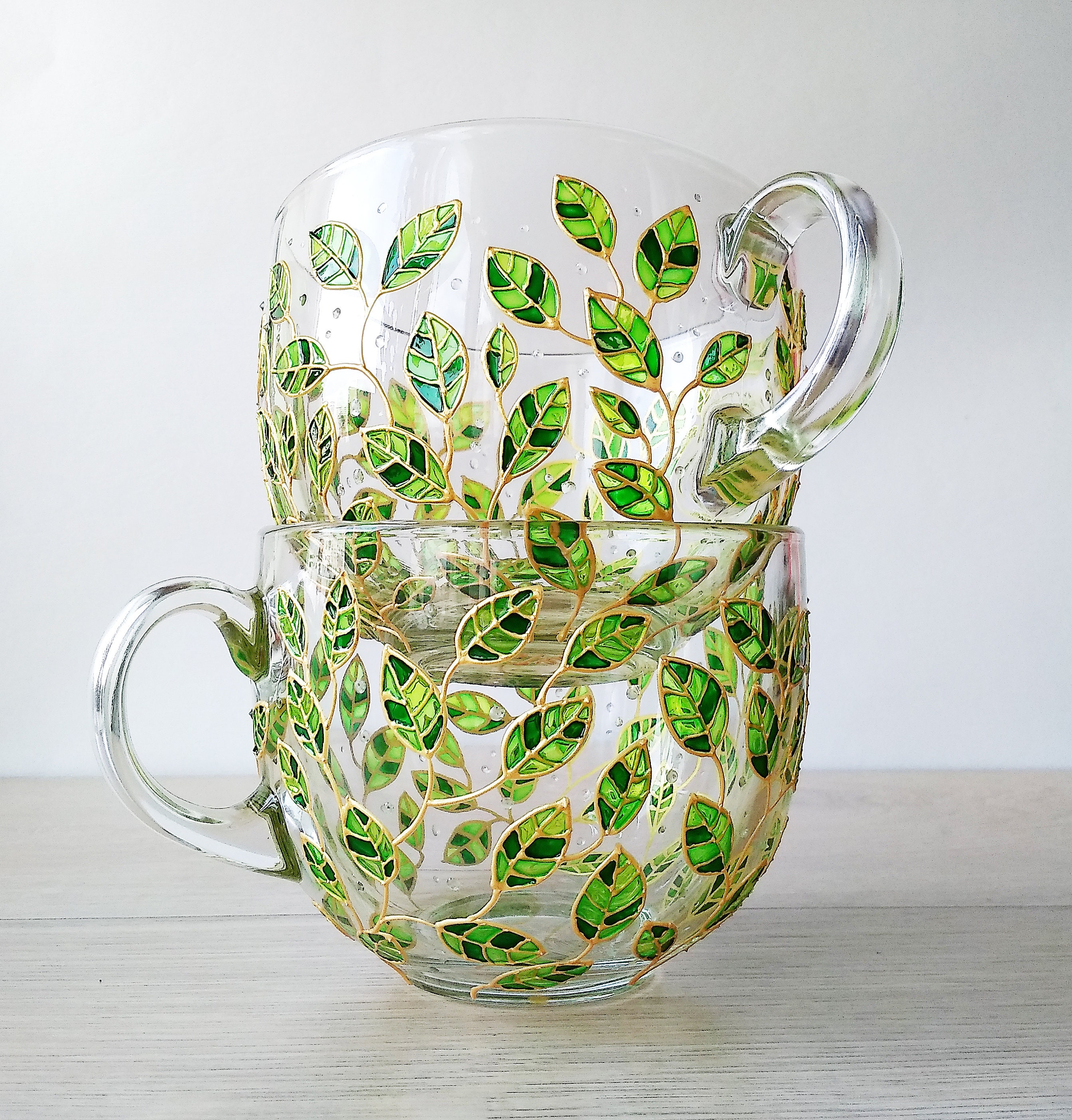 Tropical Glass Mugs Set of 2 Cups, Hand-painted Green Leaves Mugs