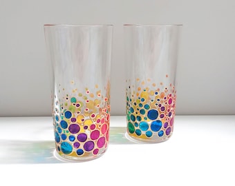 Rainbow drinking glasses set of 2, Couple colorful hand painted water glasses, glass tumblers with rainbow bubbles design