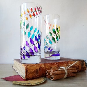 Rainbow drinking glasses set of 2, hand-painted floral couple water glasses, botanical glassware set image 7