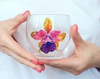 Orchideen Stemless Weinglas: Handbemaltes Tropisches Blumendekor