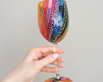 Rainbow wine glass, hand painted wine glasses, rainbow stripes glassware