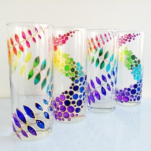 Hand Painted Rainbow Water Glasses: Bubbles & Leaves Tumbler Set