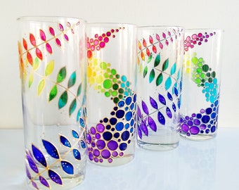 Rainbow drinking glasses family set of 4 hand painted colored tumblers, rainbow bubbles & leaves water glasses set
