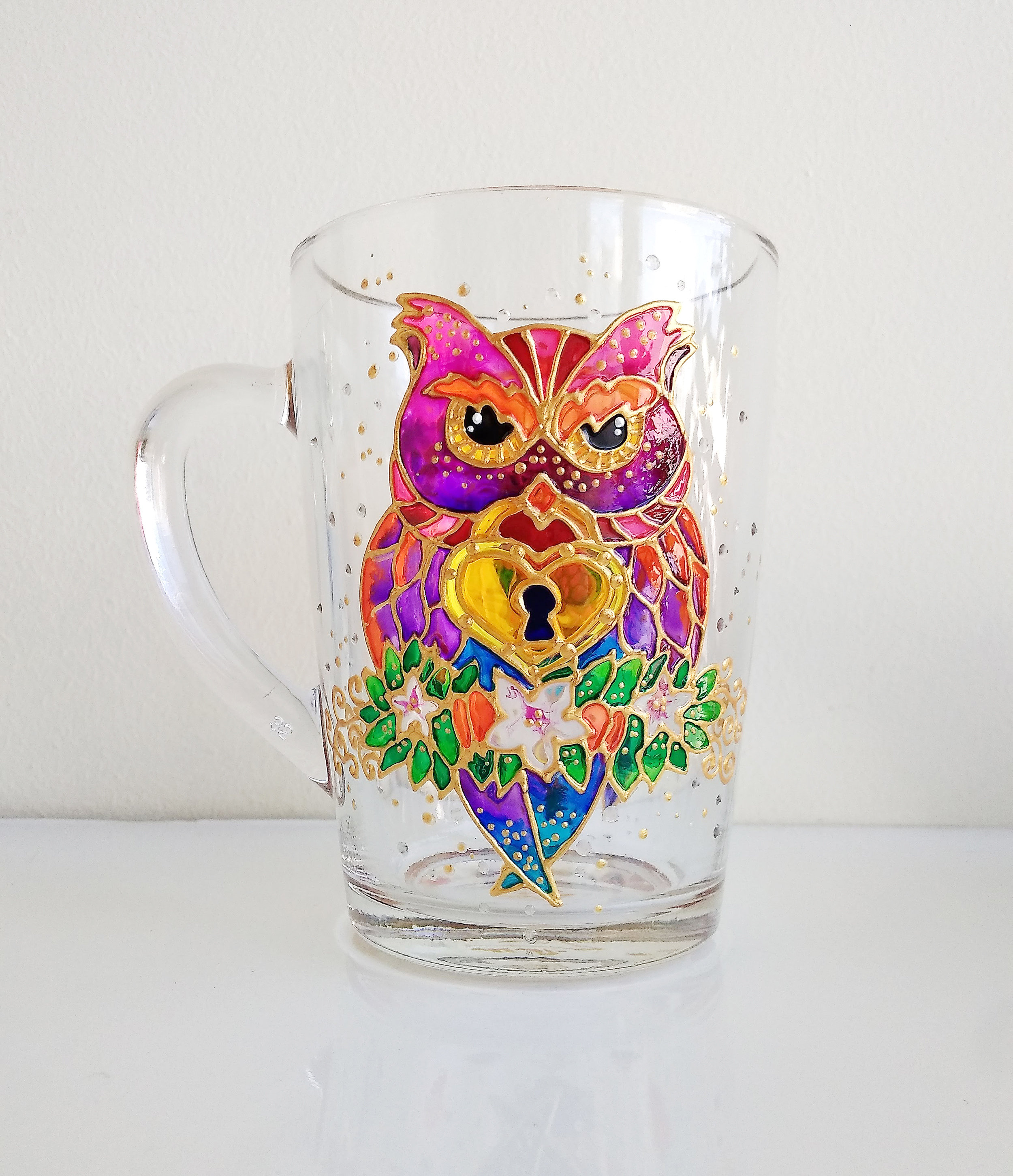 Colored owls mug glass owl coffee cup for her fantasy birds Etsy