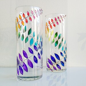 Rainbow drinking glasses set of 2, hand-painted floral couple water glasses, botanical glassware set image 3